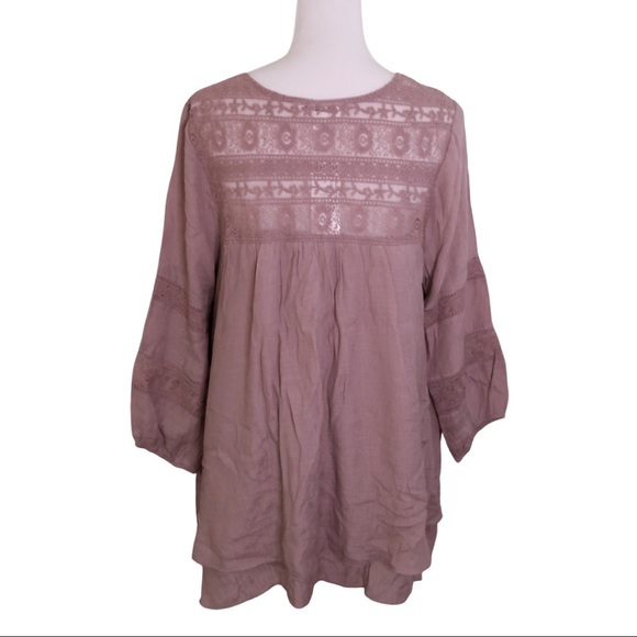 NWT Boho Mauve FLOWY 3/4 Sleeve Lace and linen Peasant Blouse Large Studio JPR - Picture 2 of 16